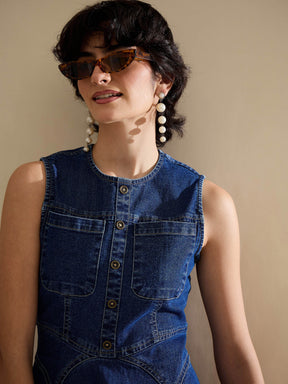 Navy Denim Round Neck Short Dress-SASSAFRAS