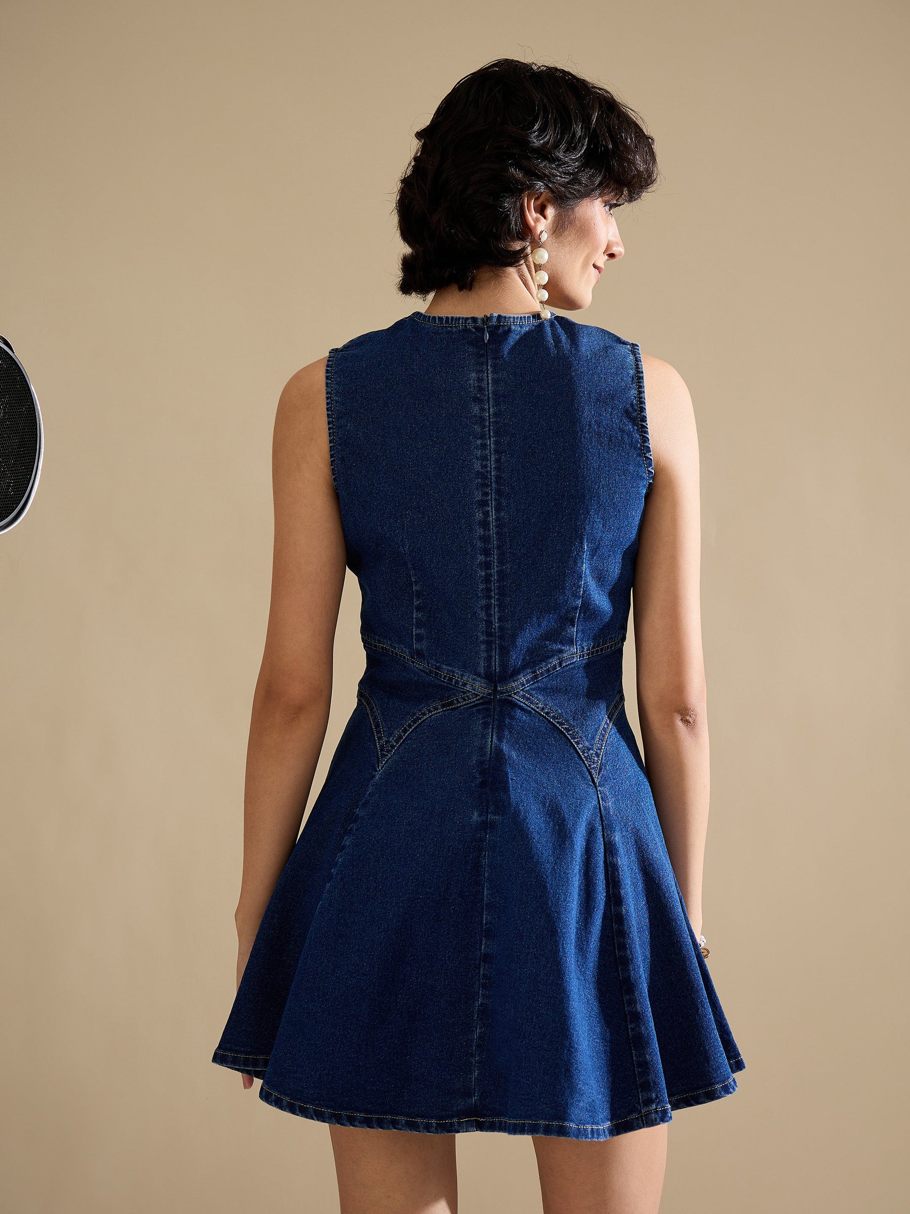 Navy Denim Round Neck Short Dress-SASSAFRAS