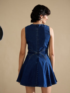 Navy Denim Round Neck Short Dress-SASSAFRAS