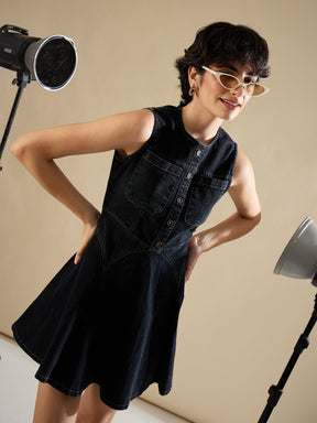 Black Denim Round Neck Short Dress-SASSAFRAS