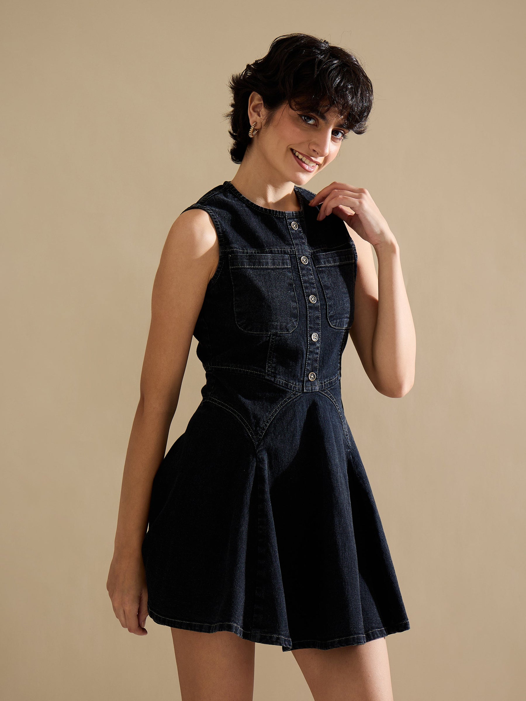 Black Denim Round Neck Short Dress-SASSAFRAS