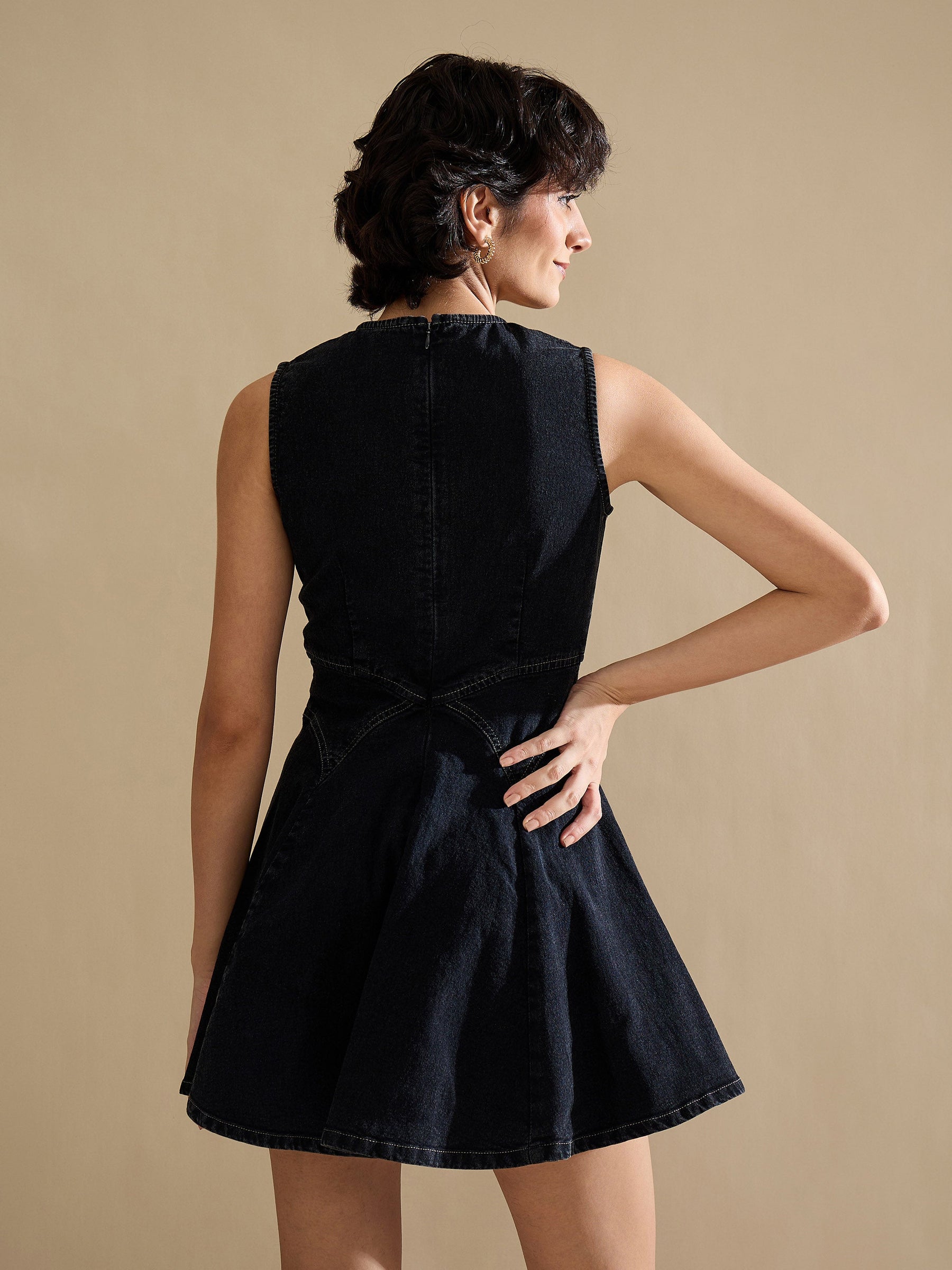 Black Denim Round Neck Short Dress-SASSAFRAS