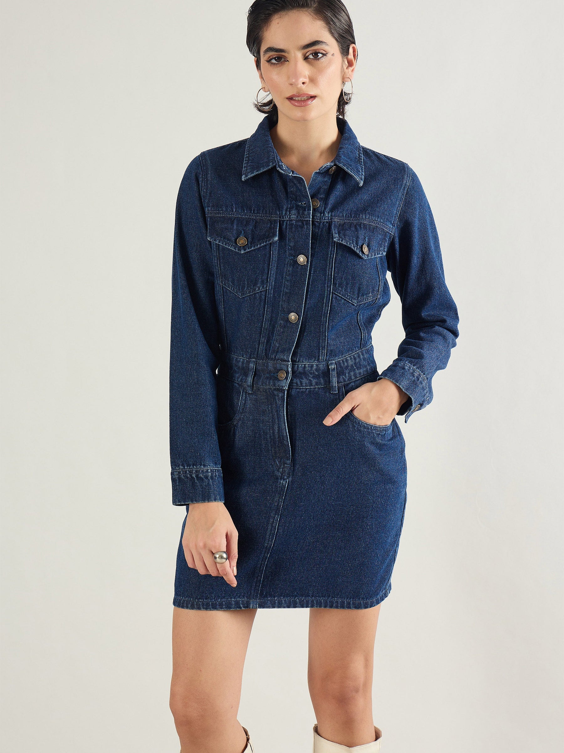 Blue Washed Denim Flap Pocket Short Dress-SASSAFRAS