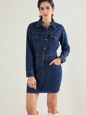 Blue Washed Denim Flap Pocket Short Dress-SASSAFRAS