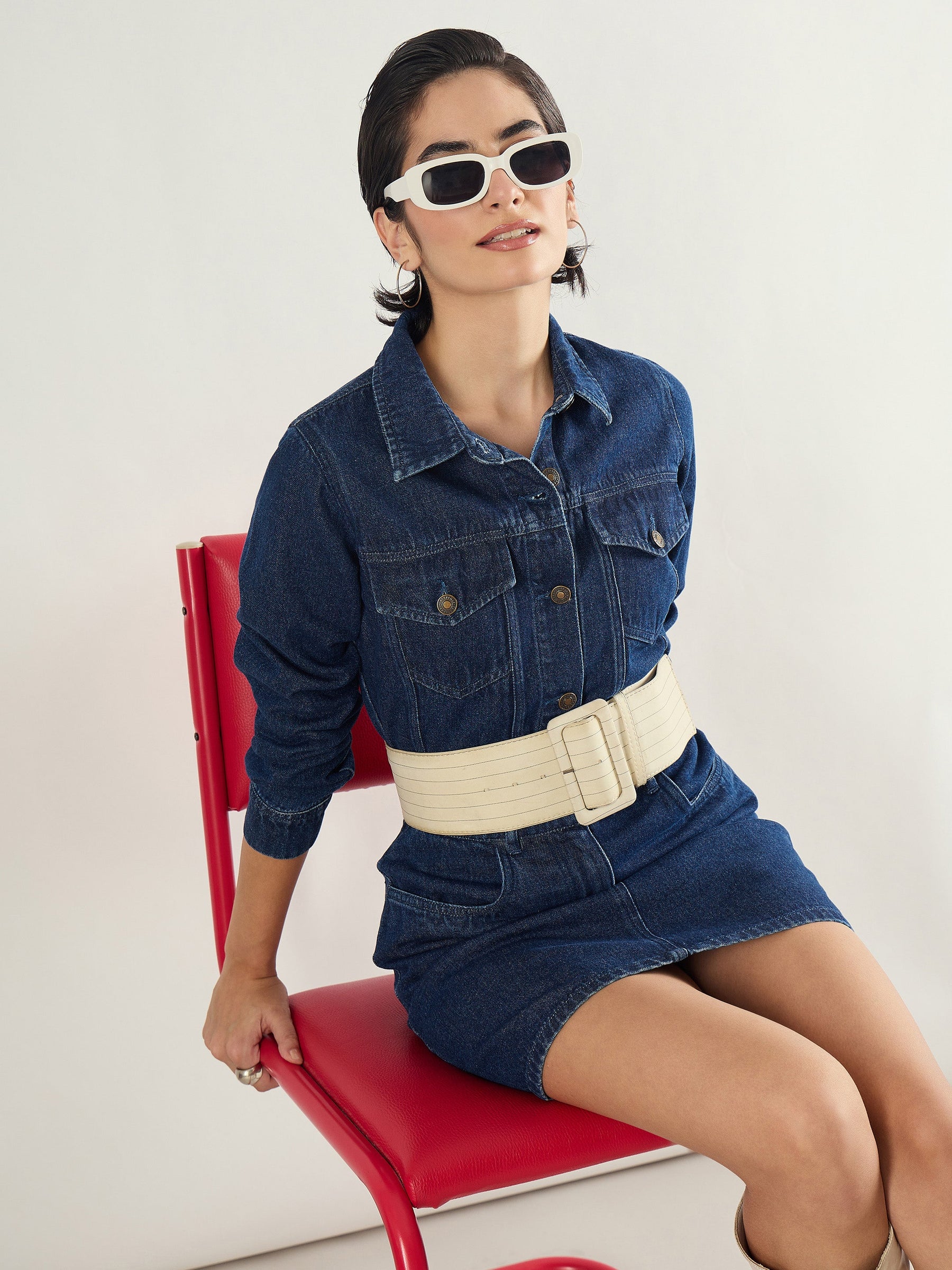 Blue Washed Denim Flap Pocket Short Dress-SASSAFRAS
