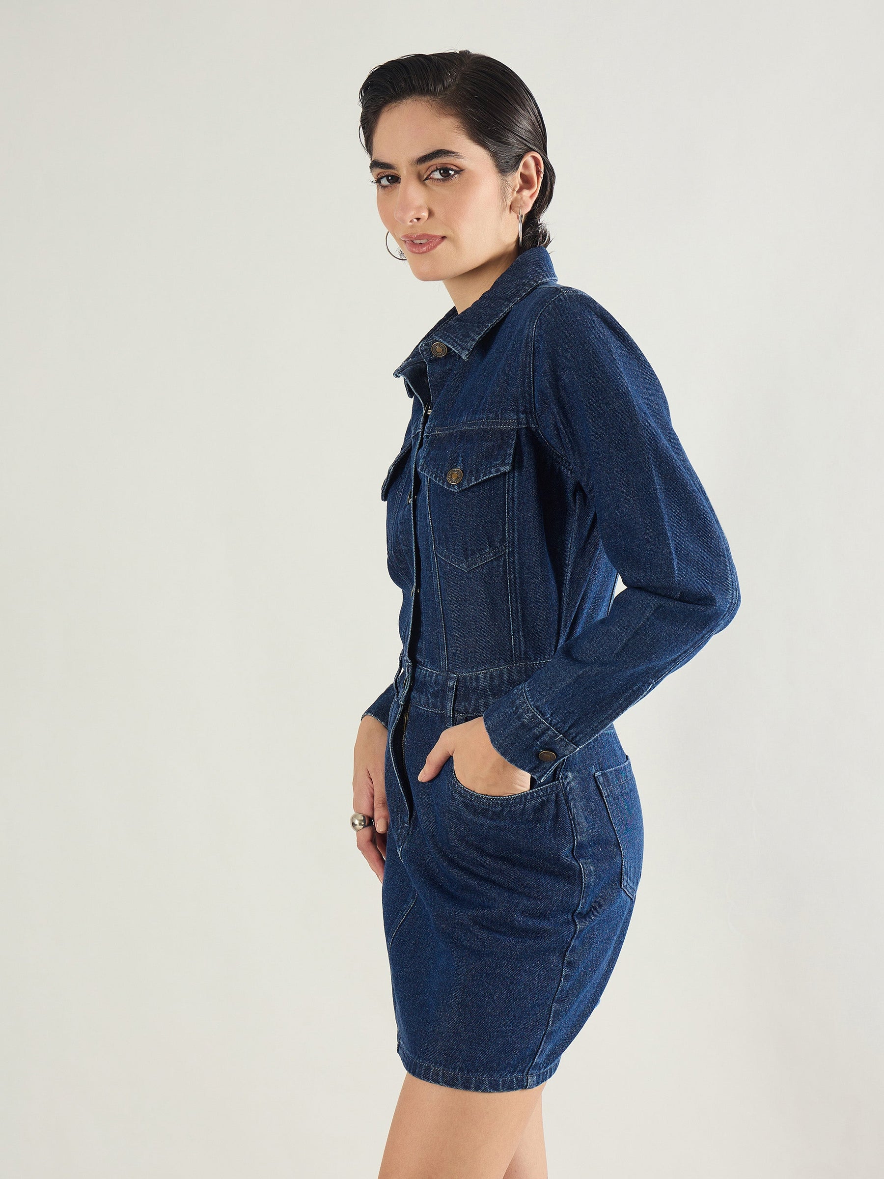 Blue Washed Denim Flap Pocket Short Dress-SASSAFRAS