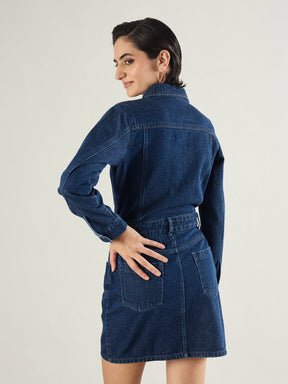 Blue Washed Denim Flap Pocket Short Dress-SASSAFRAS