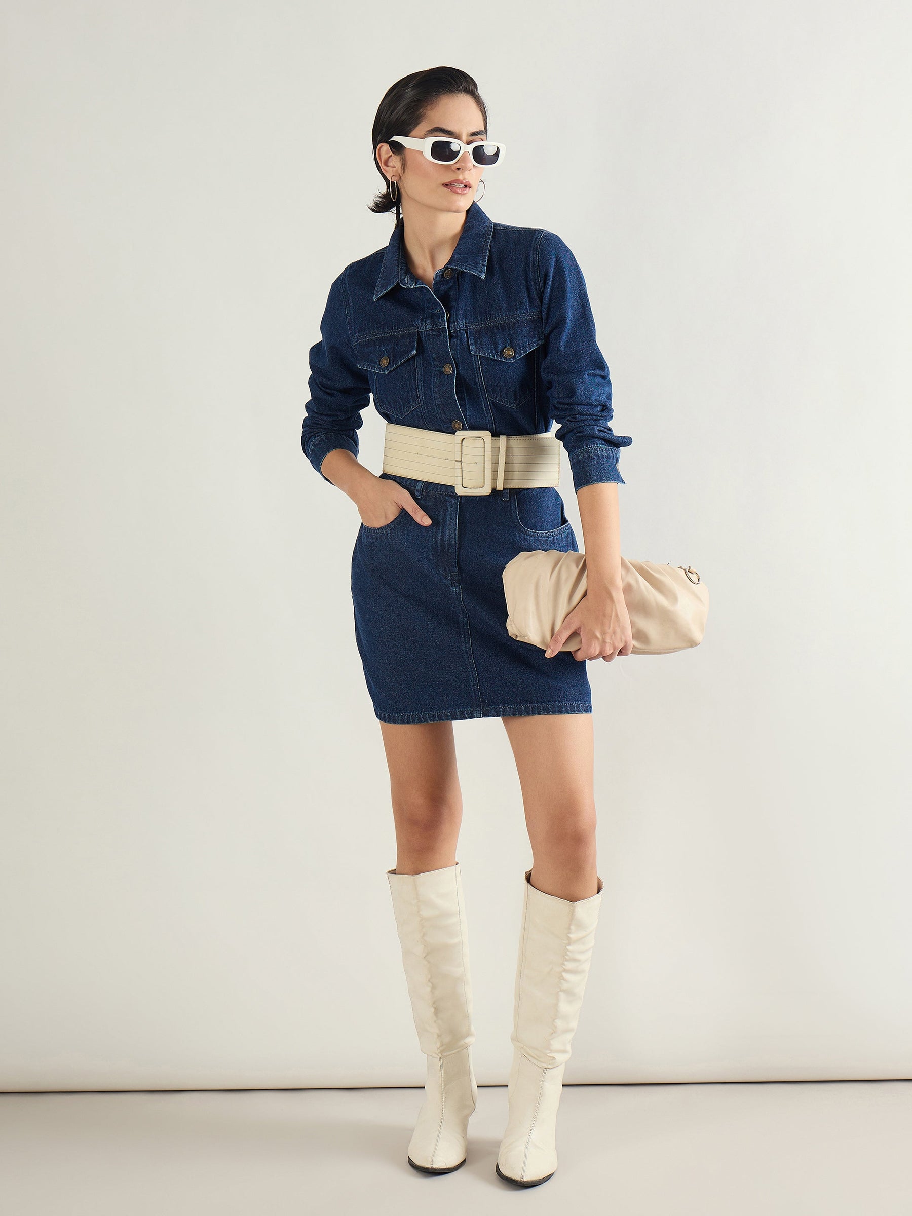 Blue Washed Denim Flap Pocket Short Dress-SASSAFRAS