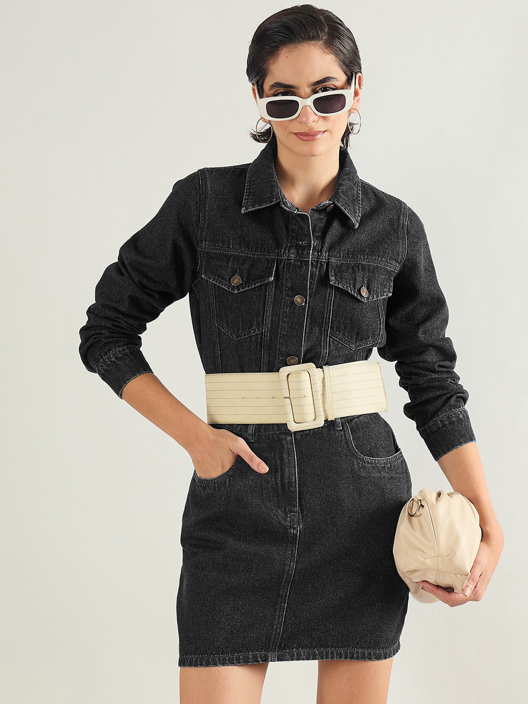 Black Washed Denim Flap Pocket Short Dress-SASSAFRAS