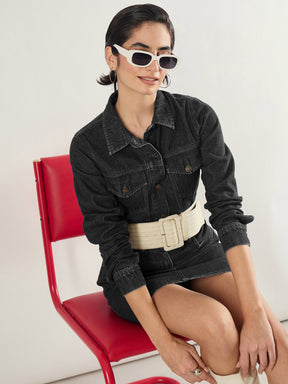 Black Washed Denim Flap Pocket Short Dress-SASSAFRAS