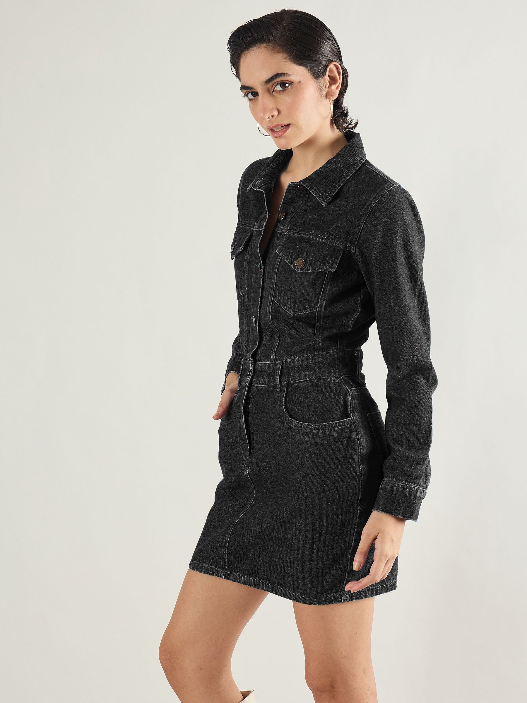 Black Washed Denim Flap Pocket Short Dress-SASSAFRAS