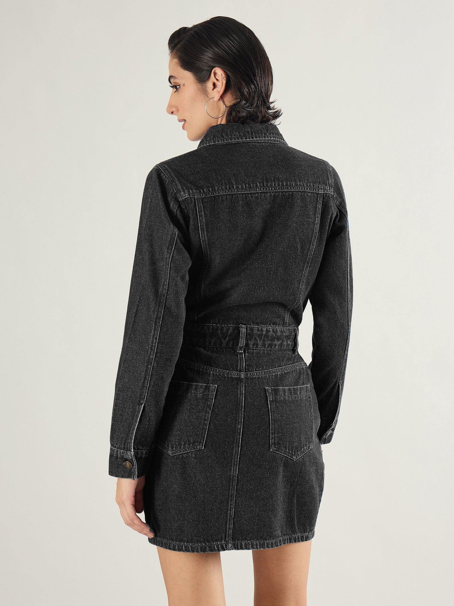 Black Washed Denim Flap Pocket Short Dress-SASSAFRAS