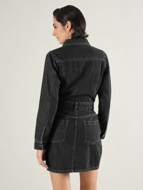 Black Washed Denim Flap Pocket Short Dress-SASSAFRAS