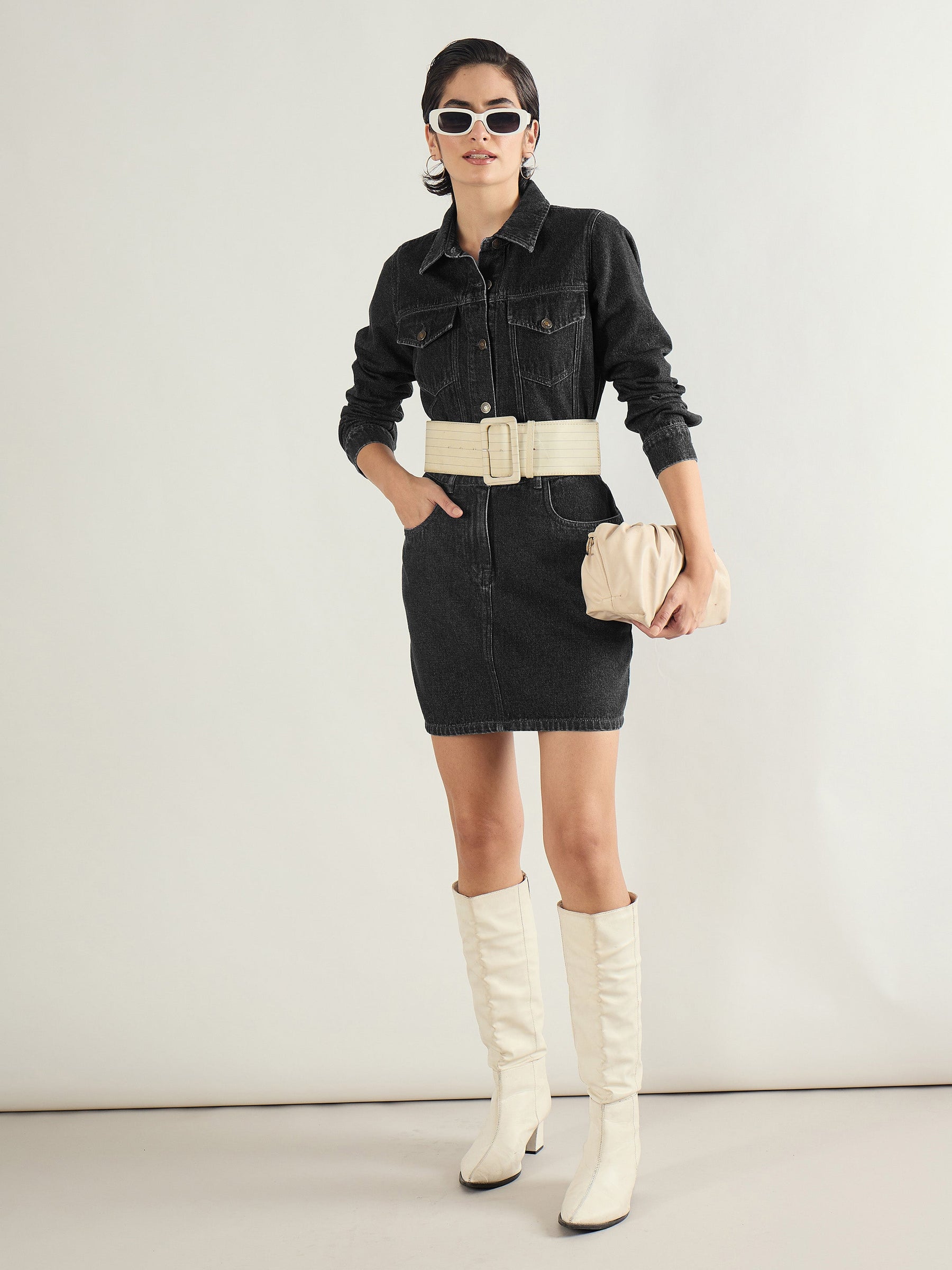 Black Washed Denim Flap Pocket Short Dress-SASSAFRAS