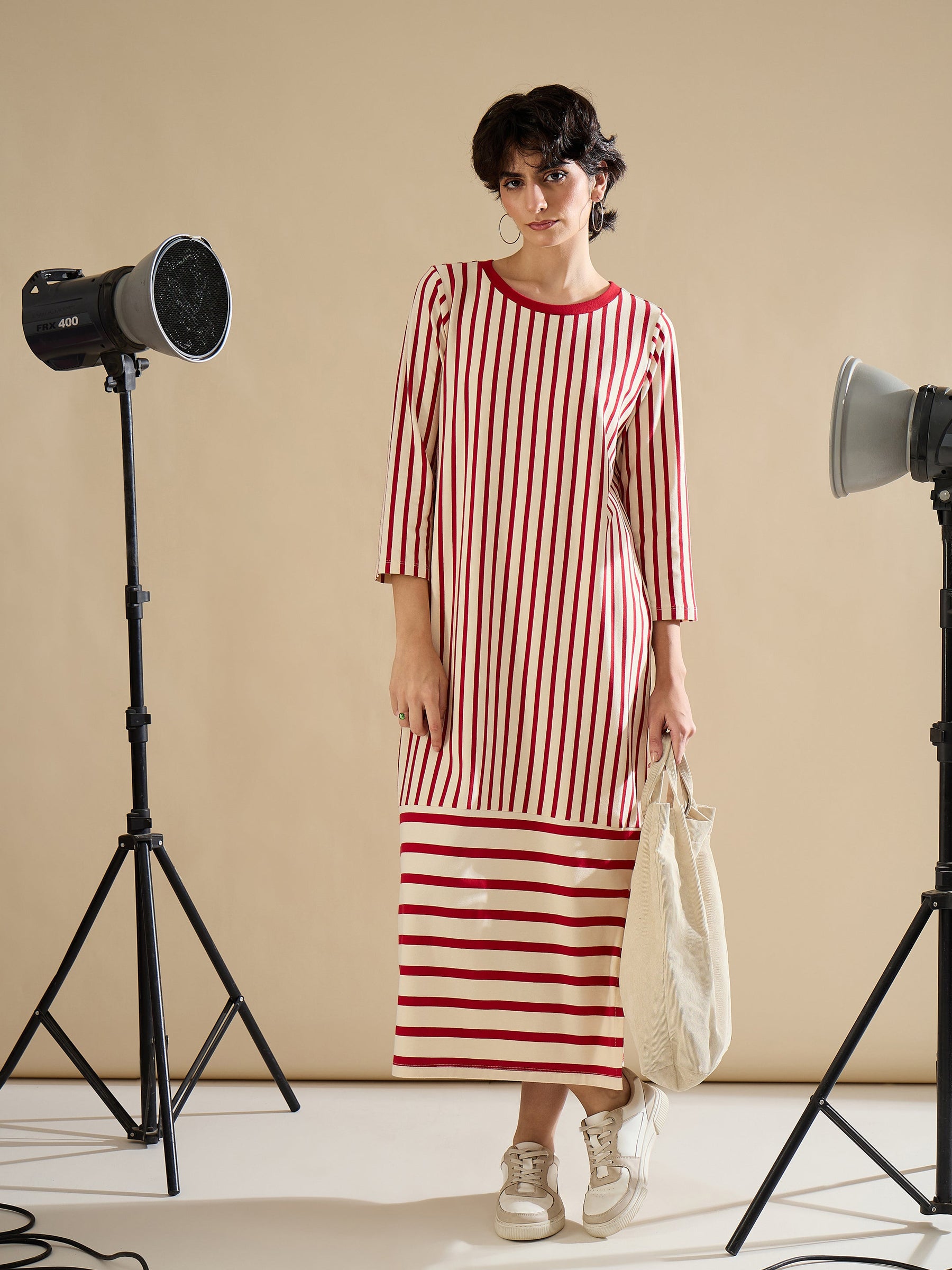 Red & Beige Striped T-Shirt Dress-SASSAFRAS