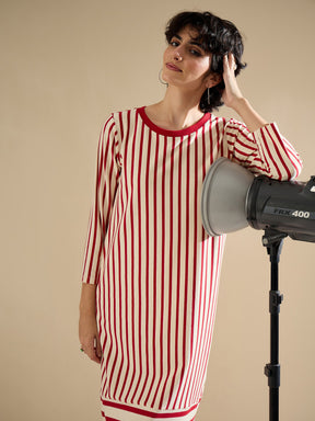 Red & Beige Striped T-Shirt Dress-SASSAFRAS