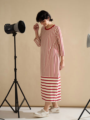 Red & Beige Striped T-Shirt Dress-SASSAFRAS