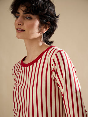 Red & Beige Striped T-Shirt Dress-SASSAFRAS