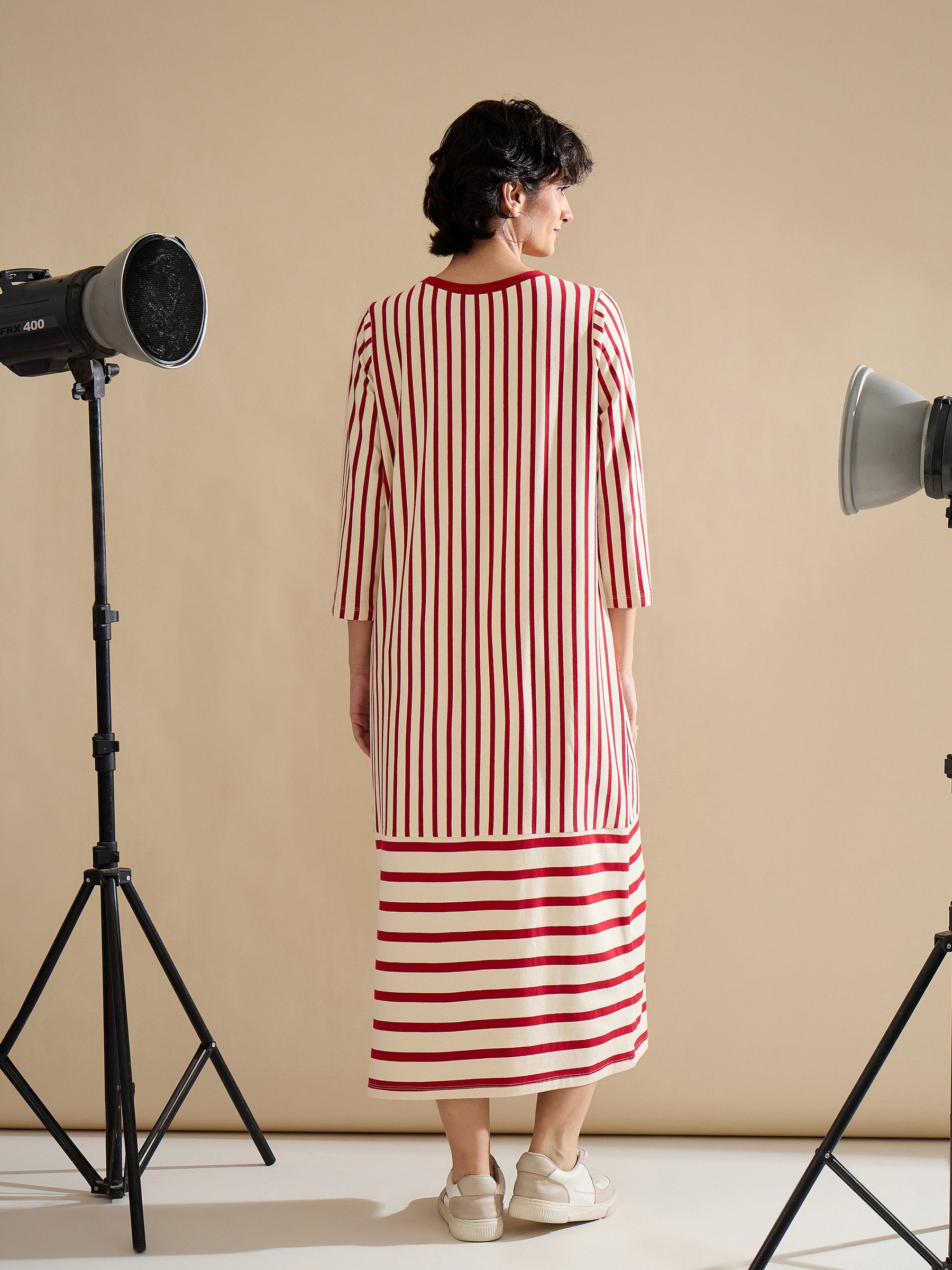 Red & Beige Striped T-Shirt Dress-SASSAFRAS
