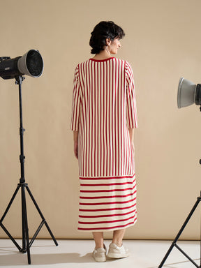 Red & Beige Striped T-Shirt Dress-SASSAFRAS
