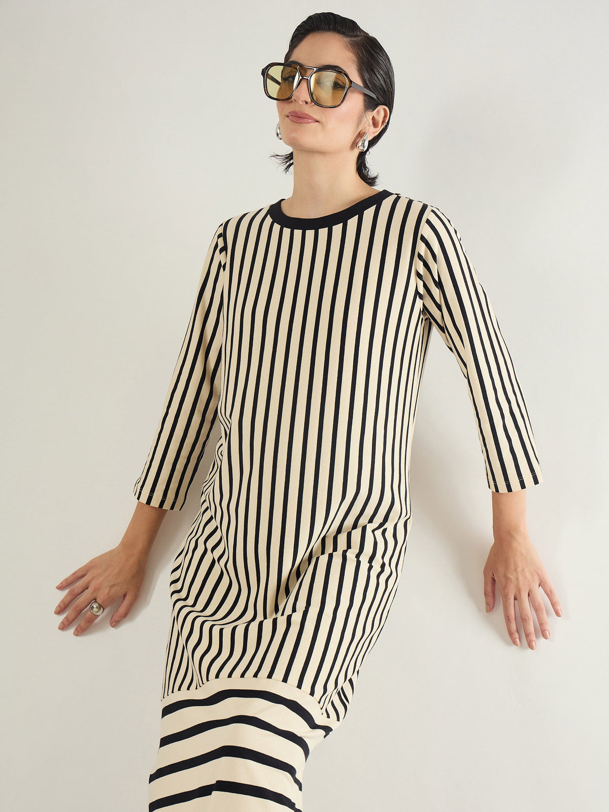 Black & Beige Striped T-Shirt Dress-SASSAFRAS
