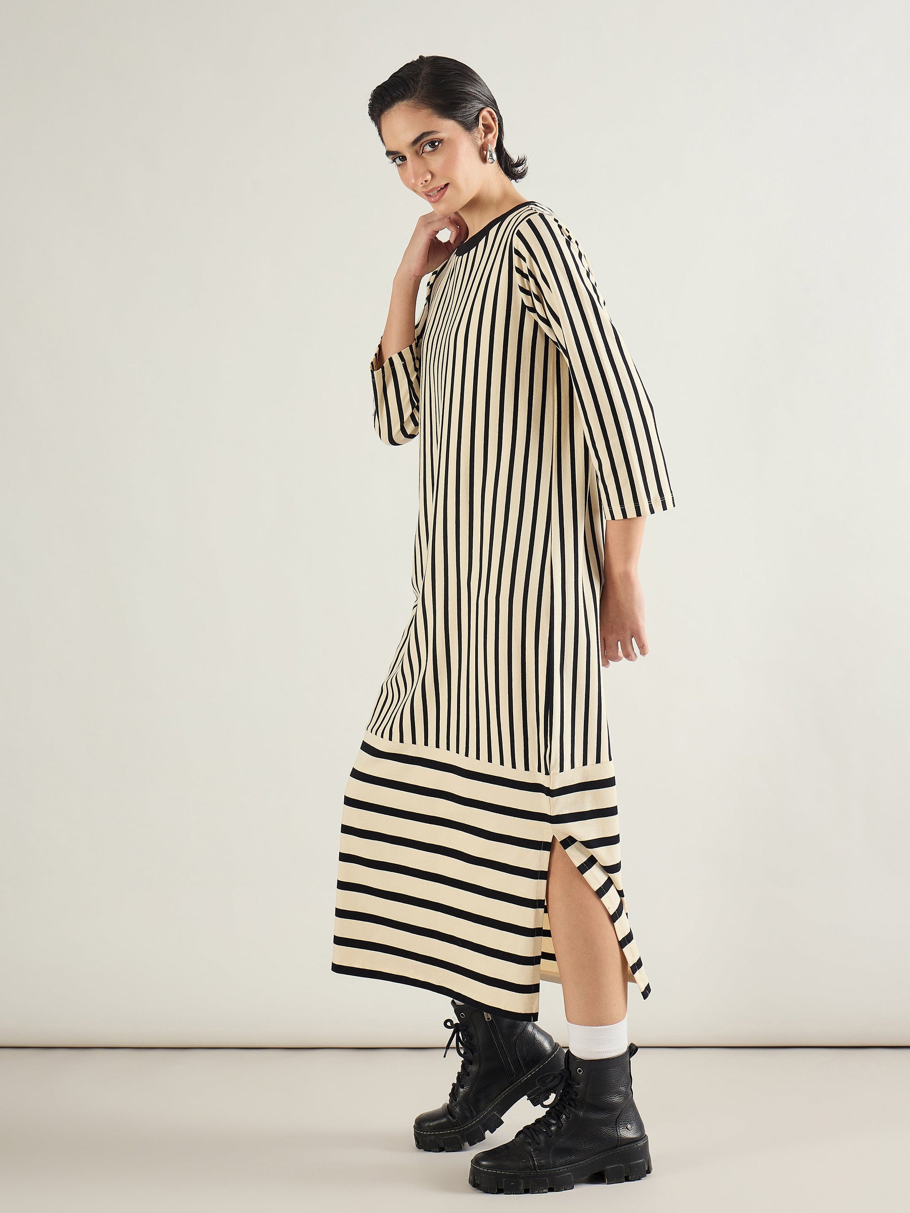 Black & Beige Striped T-Shirt Dress-SASSAFRAS