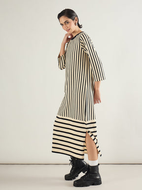 Black & Beige Striped T-Shirt Dress-SASSAFRAS