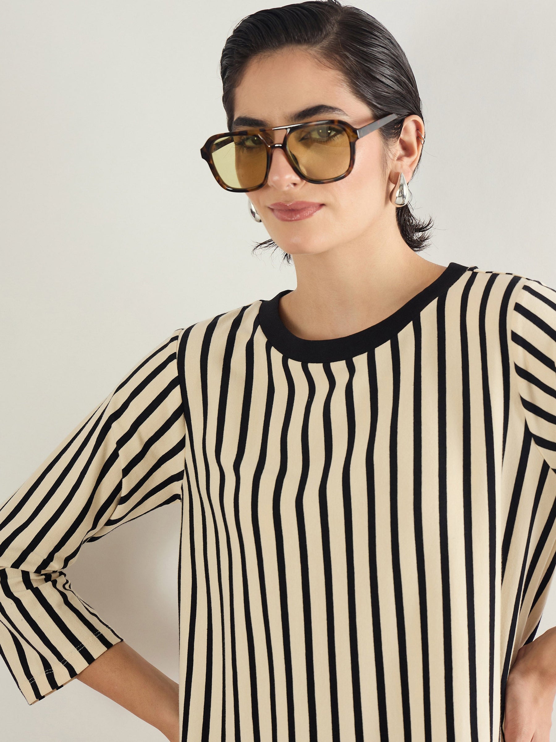 Black & Beige Striped T-Shirt Dress-SASSAFRAS