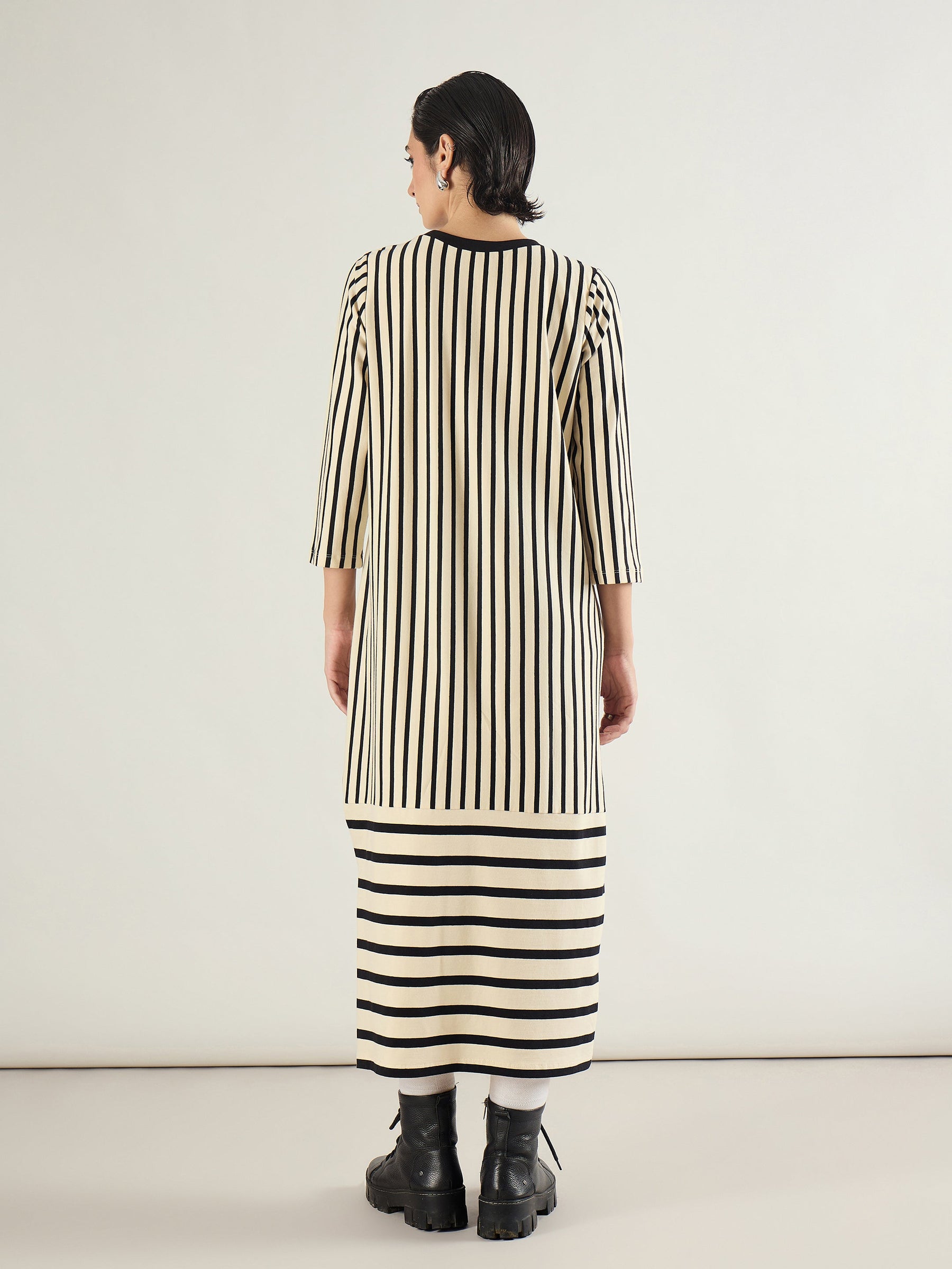 Black & Beige Striped T-Shirt Dress-SASSAFRAS
