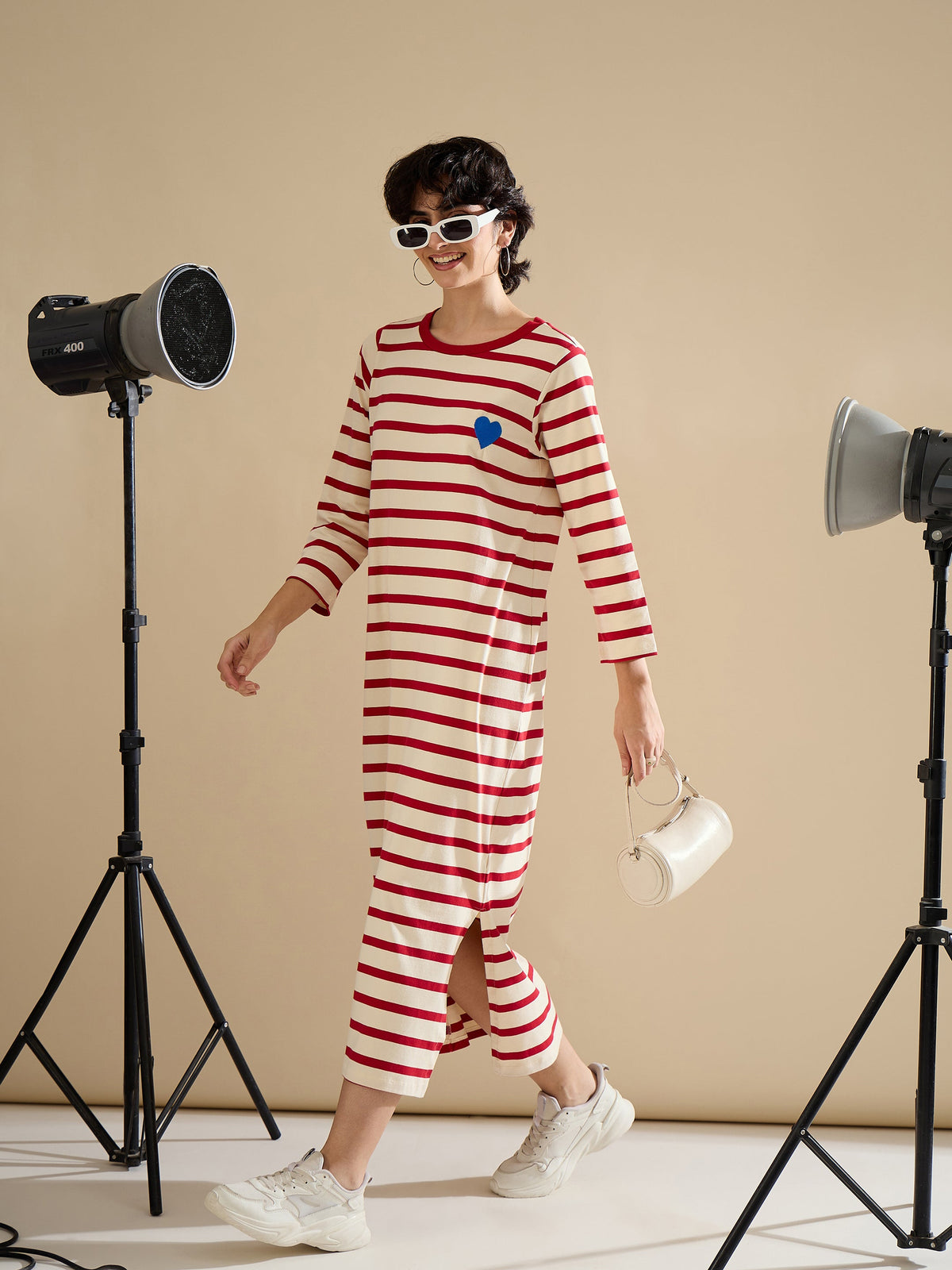 Red & Beige Striped Embroidered T-Shirt Dress-SASSAFRAS