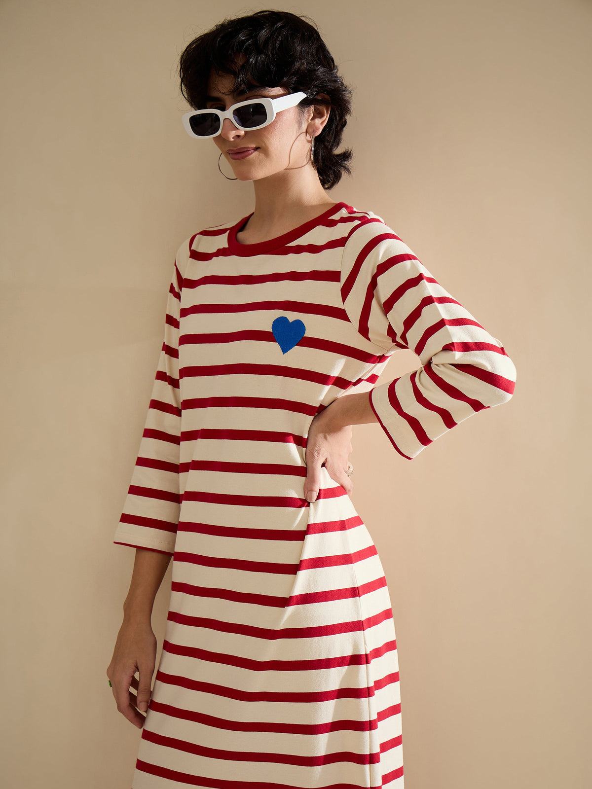 Red & Beige Striped Embroidered T-Shirt Dress-SASSAFRAS