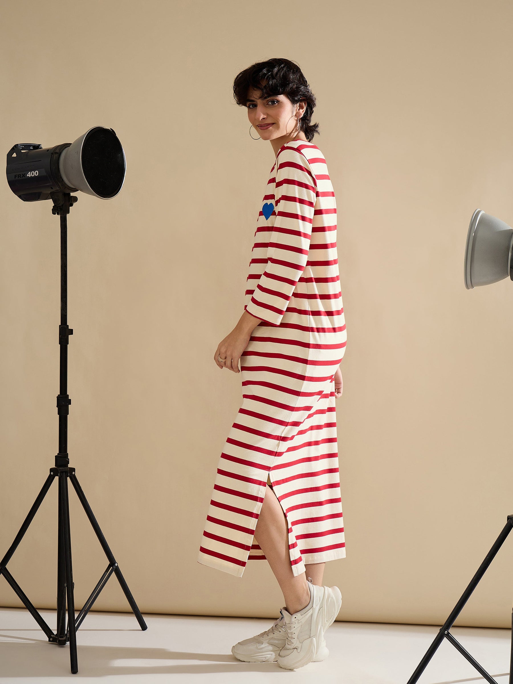 Red & Beige Striped Embroidered T-Shirt Dress-SASSAFRAS