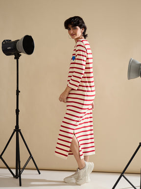 Red & Beige Striped Embroidered T-Shirt Dress-SASSAFRAS