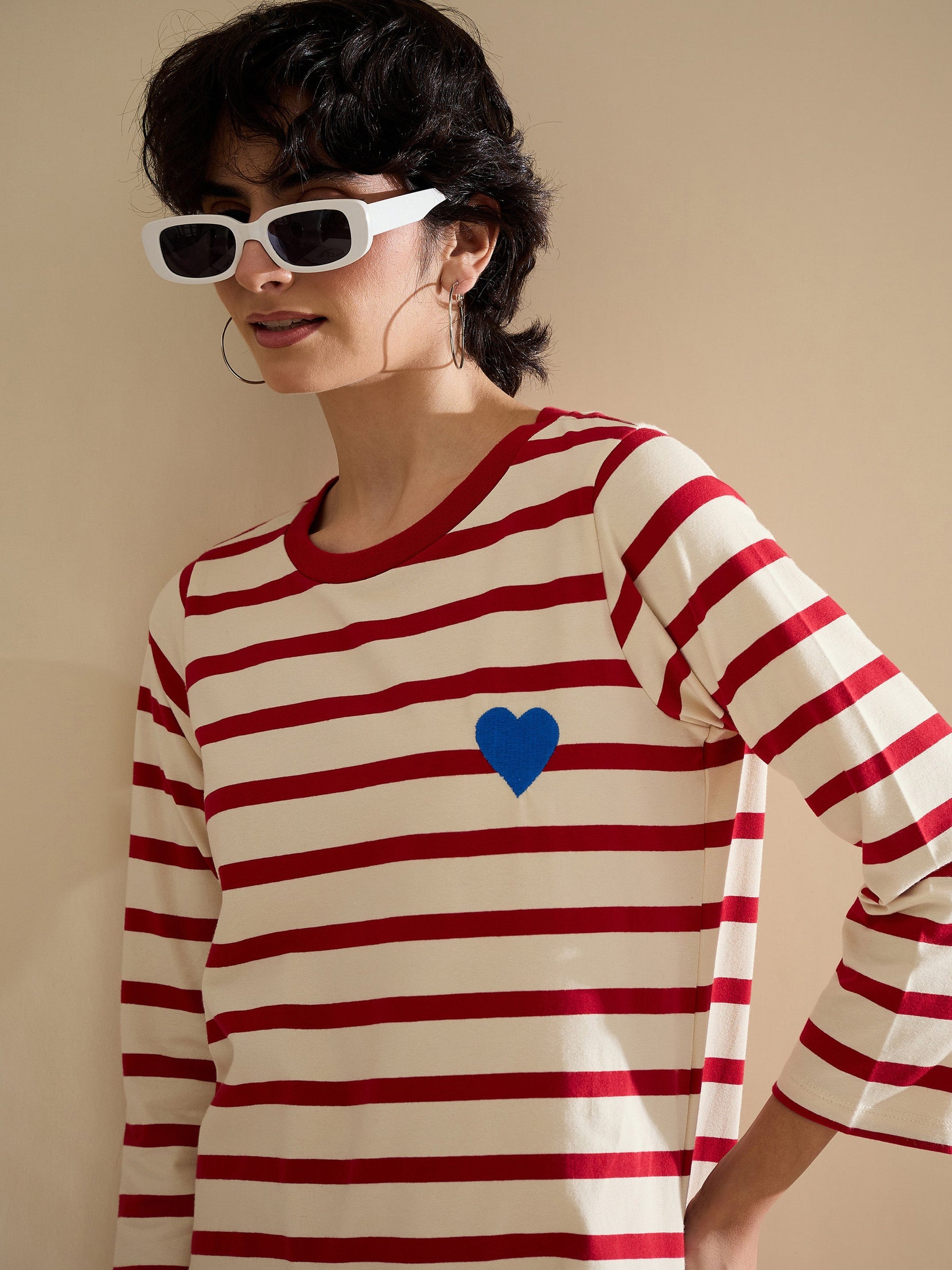 Red & Beige Striped Embroidered T-Shirt Dress-SASSAFRAS