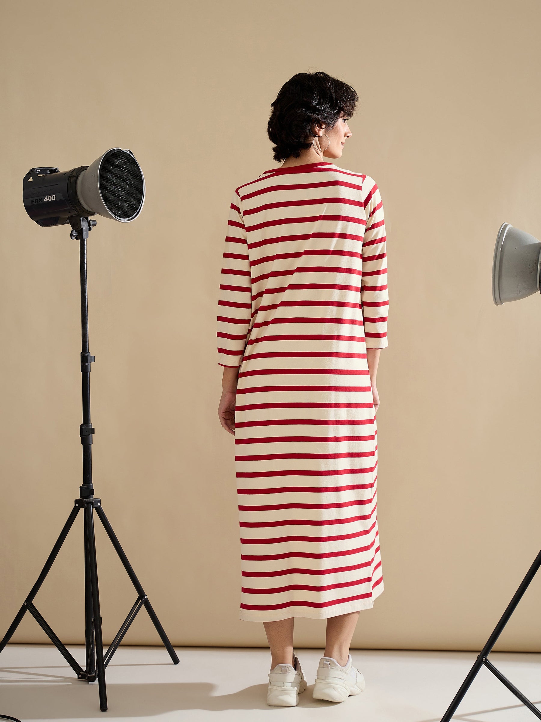 Red & Beige Striped Embroidered T-Shirt Dress-SASSAFRAS