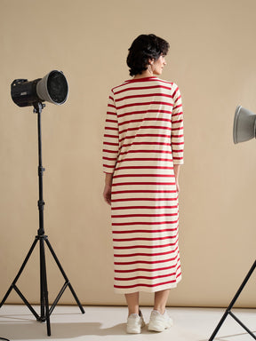 Red & Beige Striped Embroidered T-Shirt Dress-SASSAFRAS