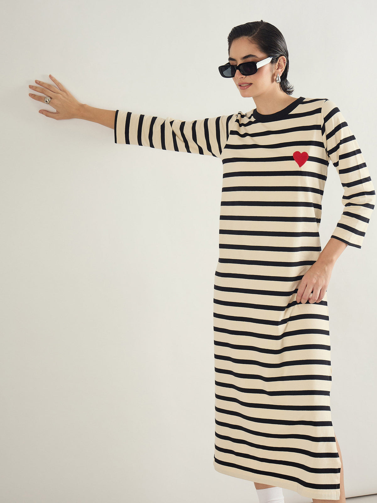 Black & Beige Striped Embroidered T-Shirt Dress-SASSAFRAS