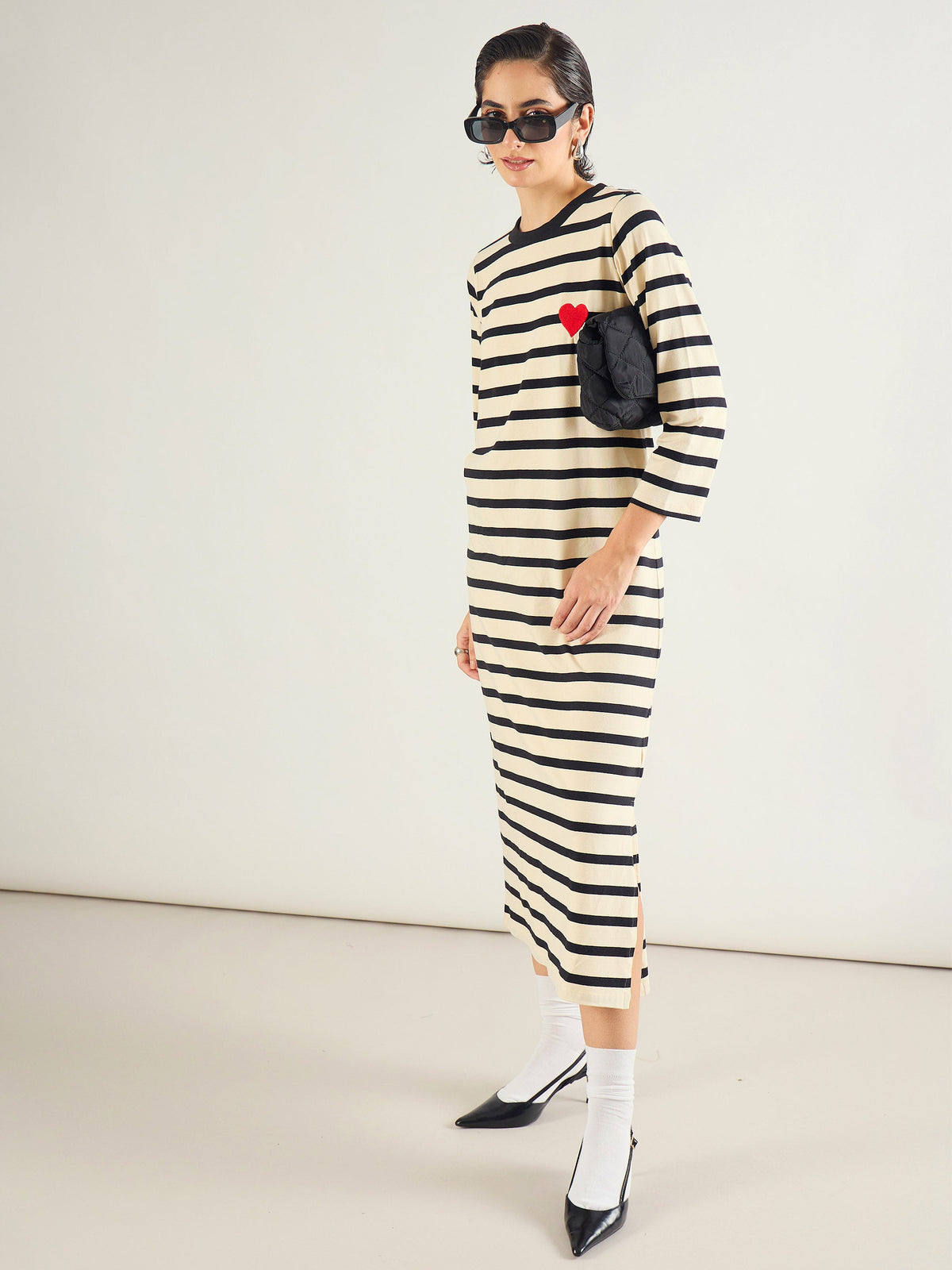 Black & Beige Striped Embroidered T-Shirt Dress-SASSAFRAS