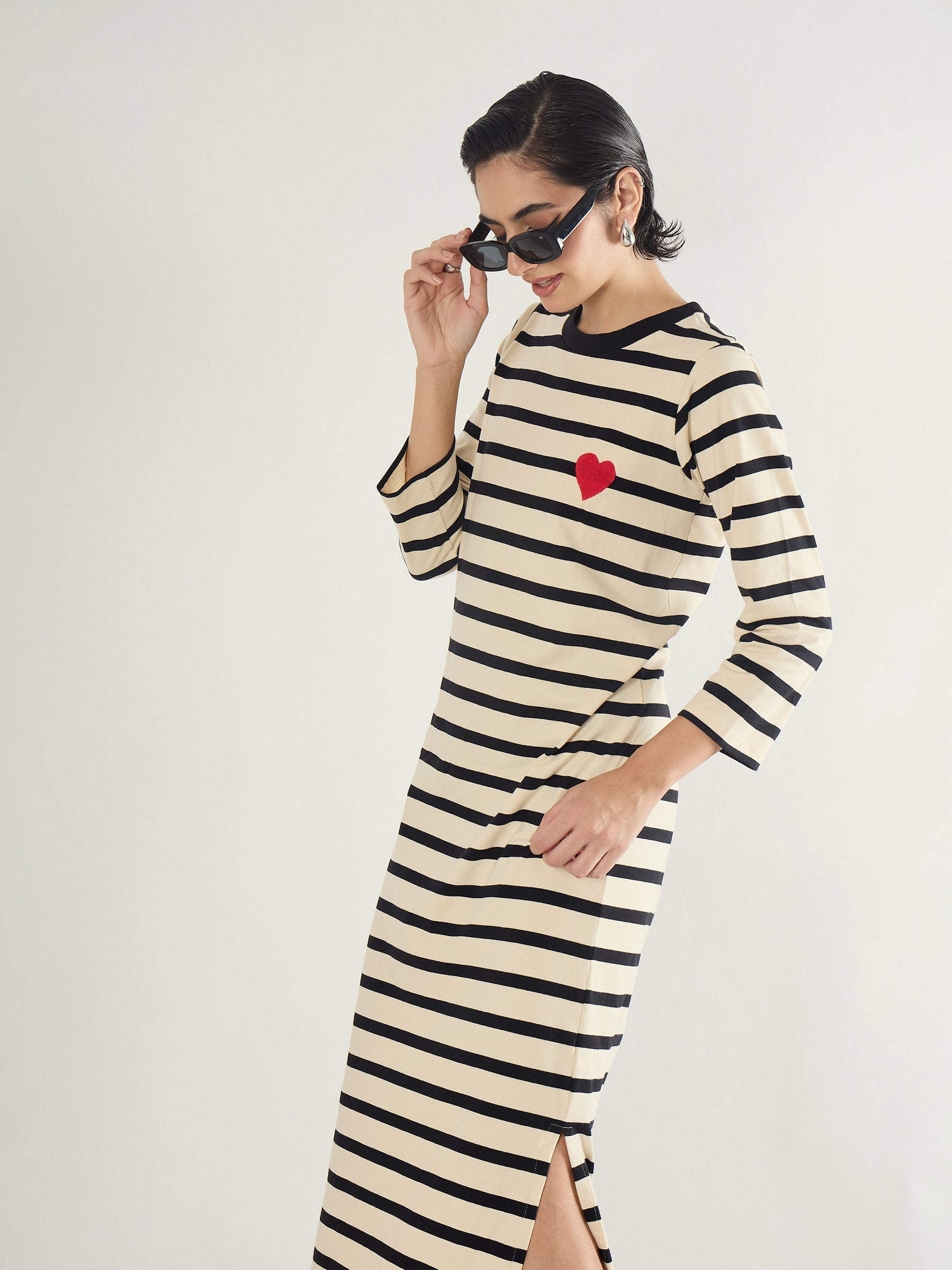Black & Beige Striped Embroidered T-Shirt Dress-SASSAFRAS