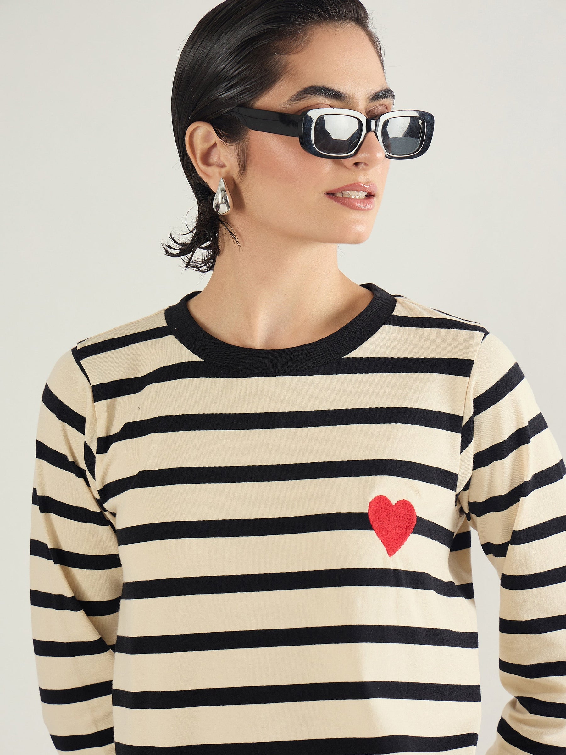 Black & Beige Striped Embroidered T-Shirt Dress-SASSAFRAS