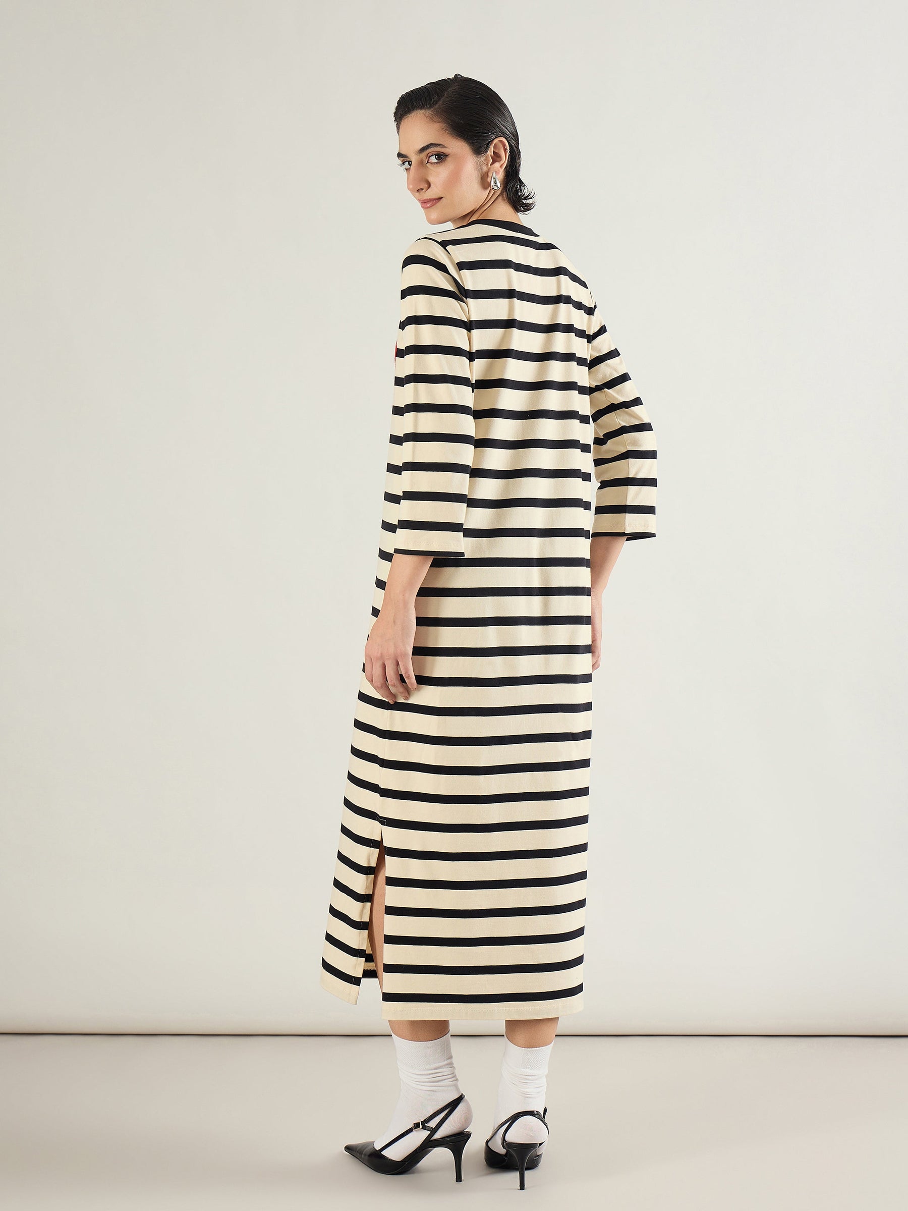 Black & Beige Striped Embroidered T-Shirt Dress-SASSAFRAS