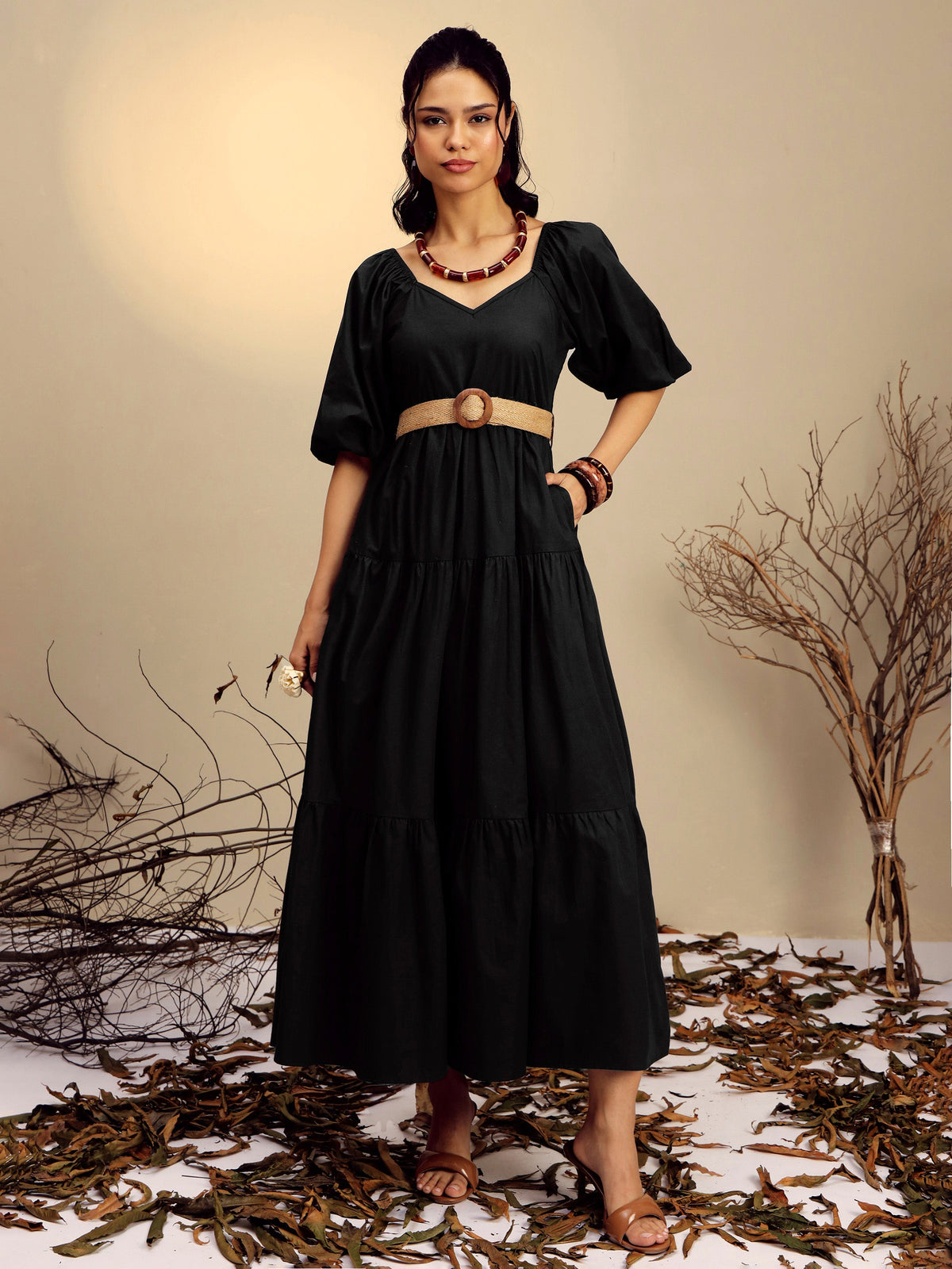 Black Poplin Tiered Maxi Dress-Pink Paprika By SASSAFRAS