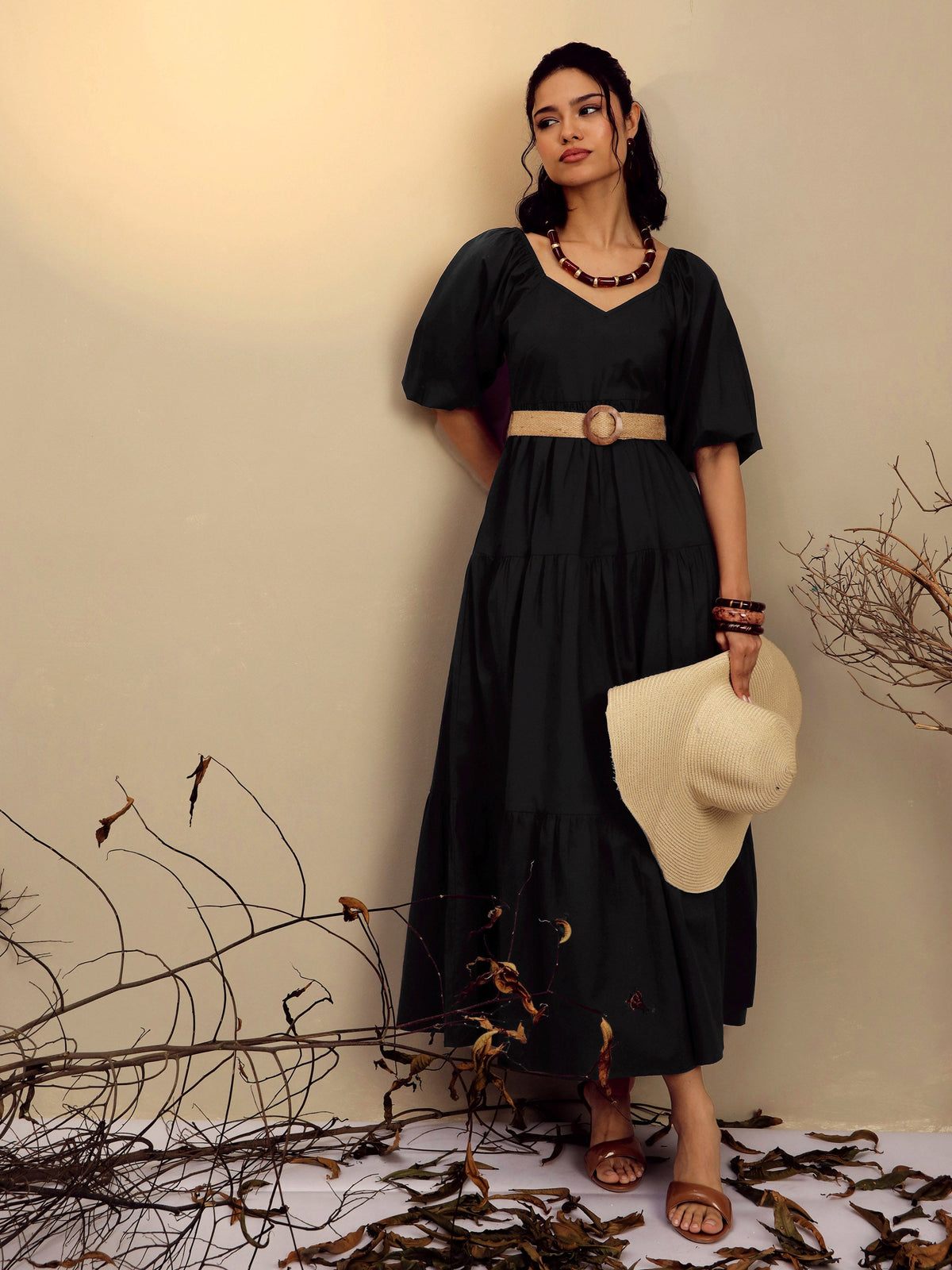 Black Poplin Tiered Maxi Dress-Pink Paprika By SASSAFRAS