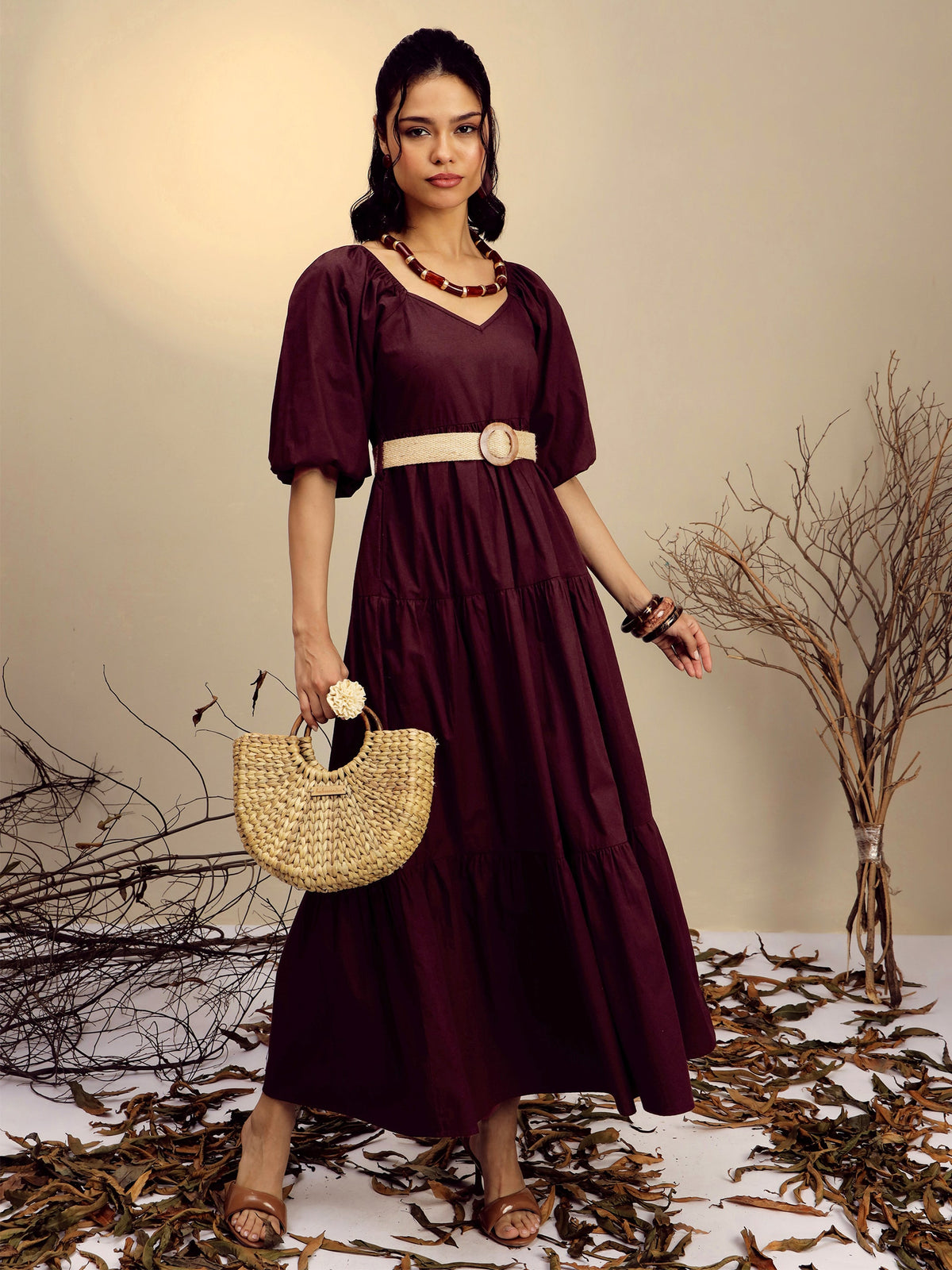 Brown Poplin Tiered Maxi Dress-Pink Paprika By SASSAFRAS
