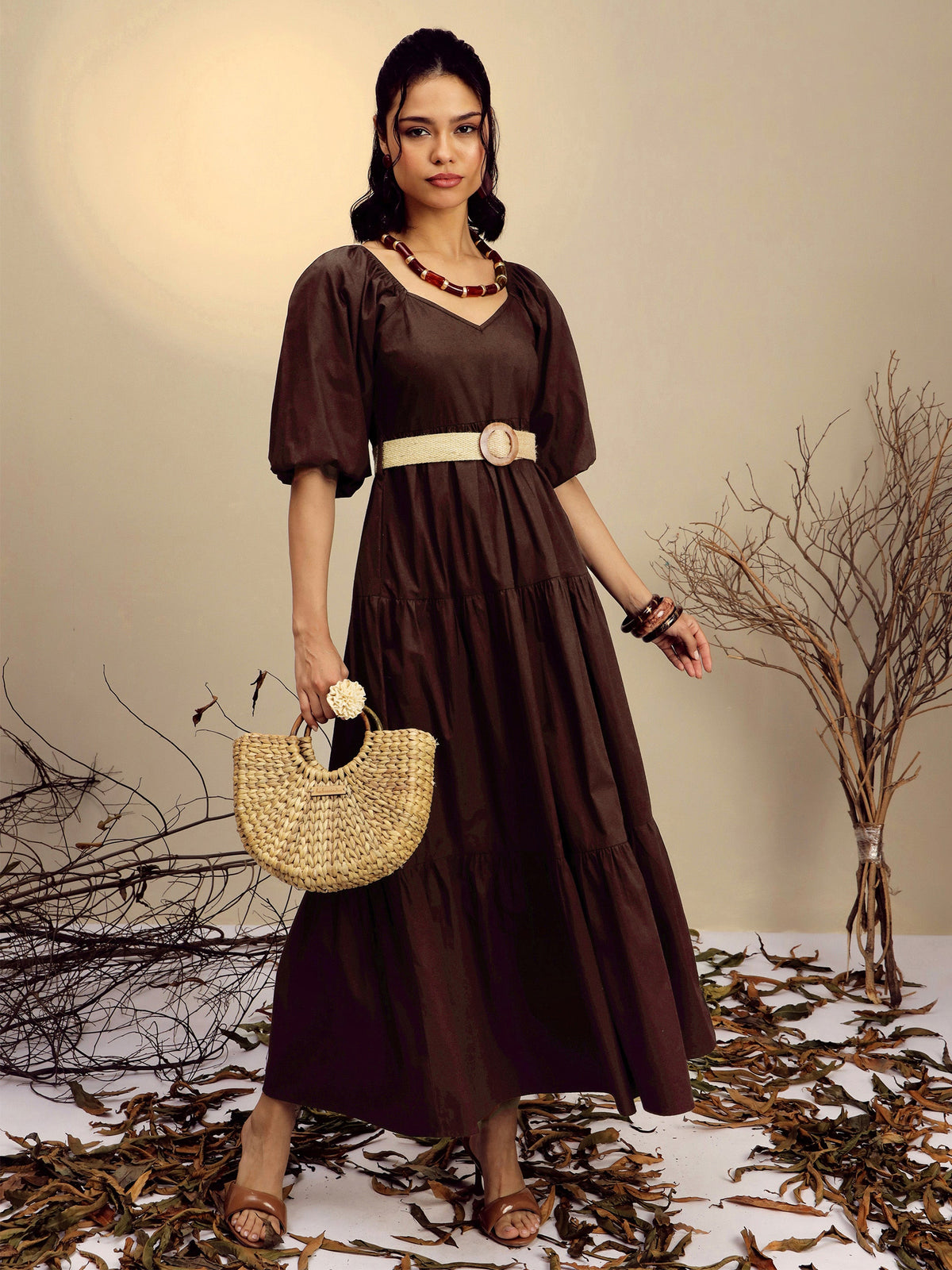 Brown Poplin Tiered Maxi Dress-Pink Paprika By SASSAFRAS