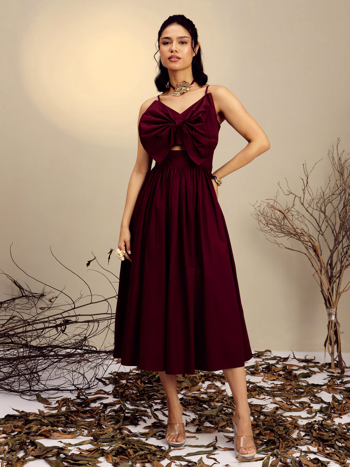 Maroon Poplin Front Bow Strappy Midi Dress-Pink Paprika By SASSAFRAS
