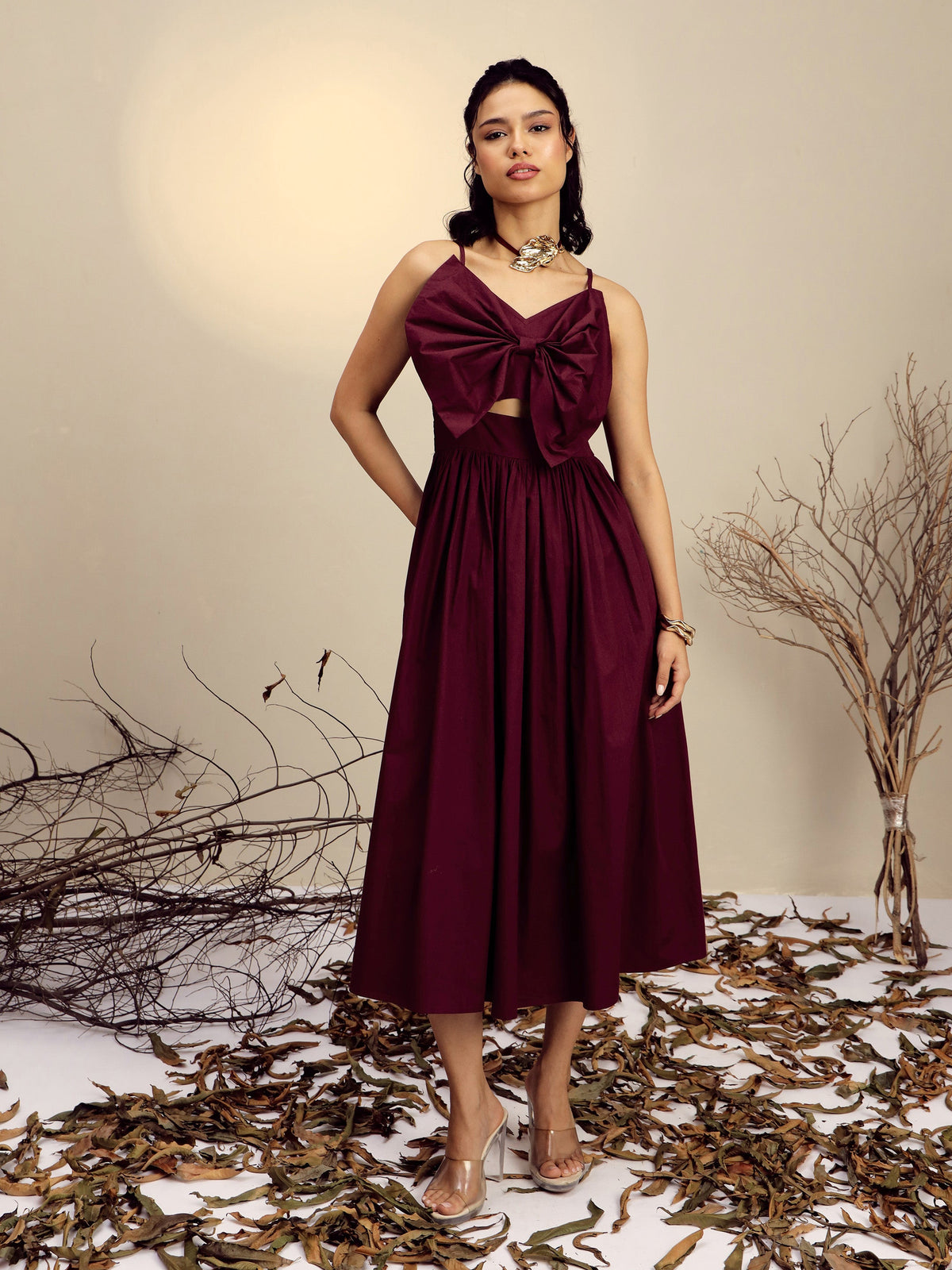 Maroon Poplin Front Bow Strappy Midi Dress-Pink Paprika By SASSAFRAS