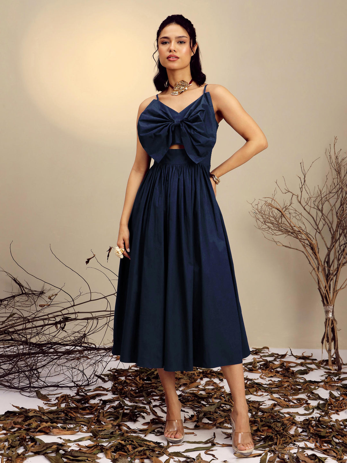 Navy Poplin Front Bow Strappy Midi Dress-Pink Paprika By SASSAFRAS