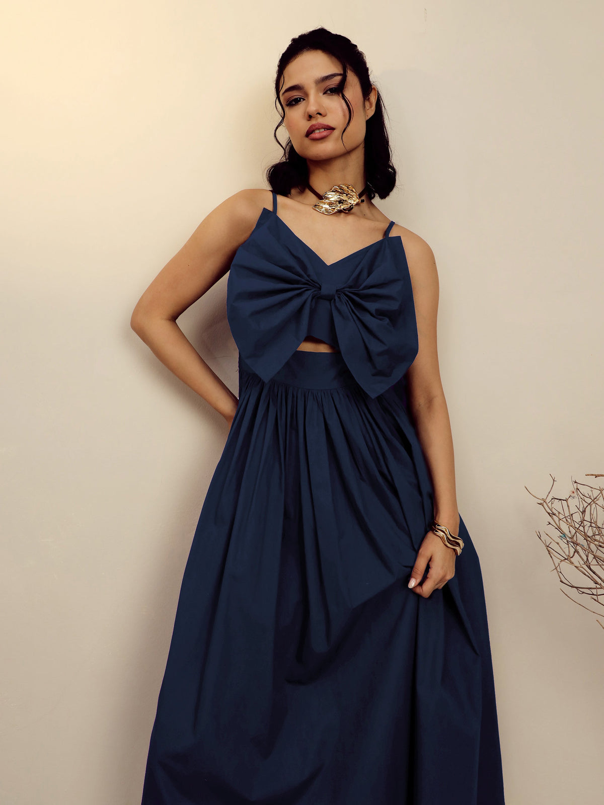 Navy Poplin Front Bow Strappy Midi Dress-Pink Paprika By SASSAFRAS