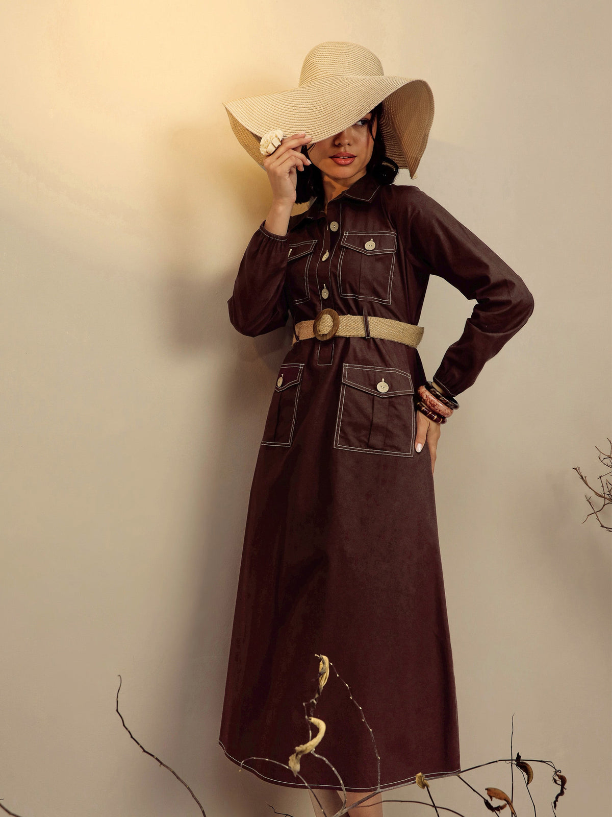 Brown Poplin Front Open Midi Dress-Pink Paprika By SASSAFRAS